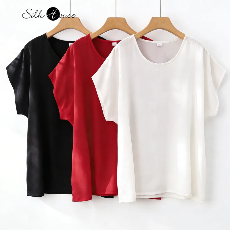 

Plus Size Women's Summer Casual New 100% Natural Mulberry Silk Crepe De Chine Round Neck Short Sleeve Loose Versatile T-shirt