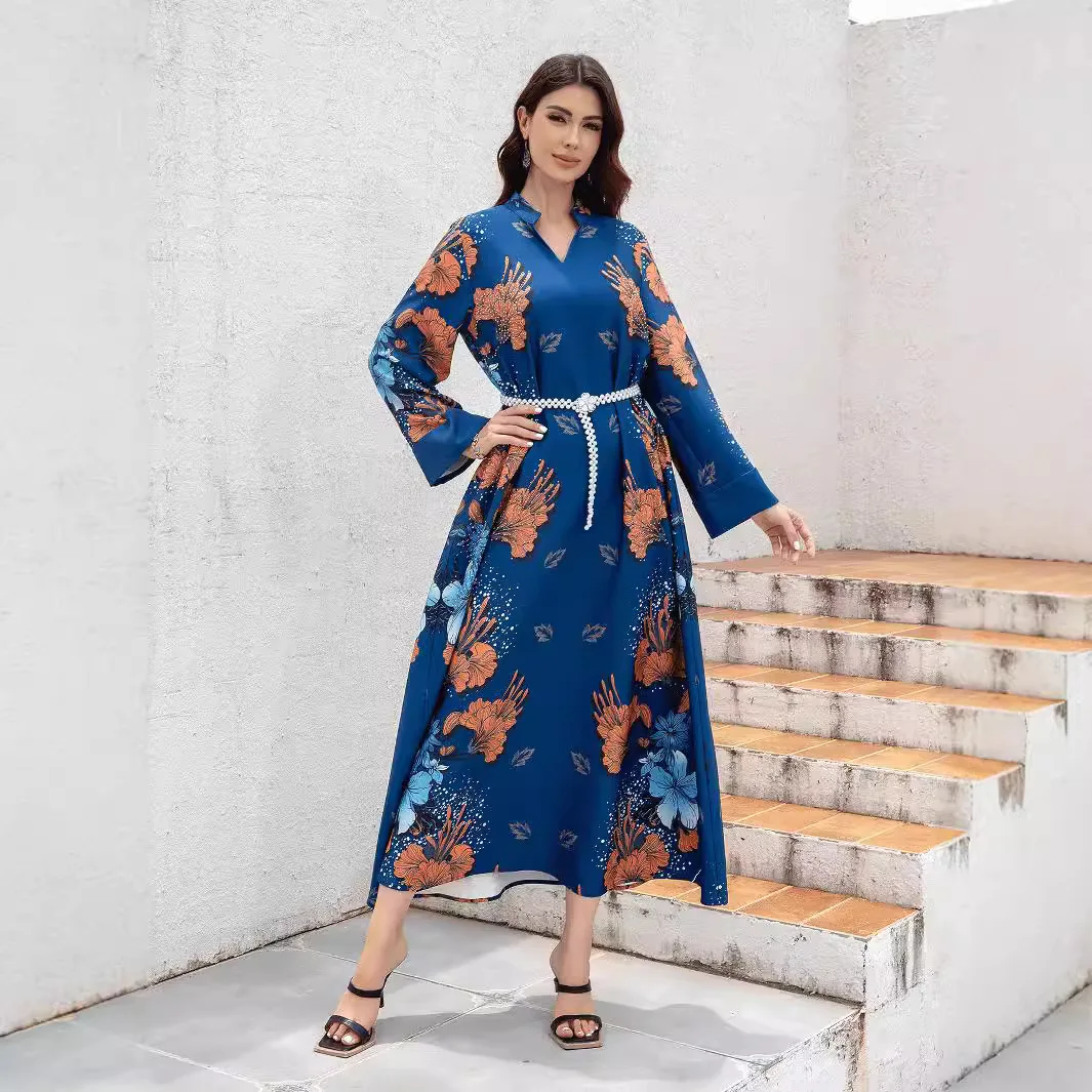 

Sw0839 Women's Robe With Printed Design, Luxurious Pearl Belt Jalabiya Dress Robe Abaya Ramadan Dubai Luxury Islam Elegant