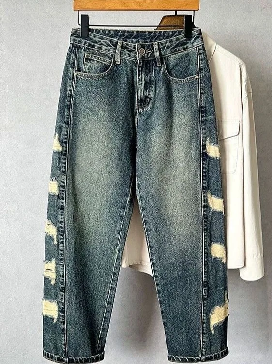 

Retro Waed Side Slit Hole Denim Jeans Men Loose Straight American High Street Casual Wide Leg Long Pants Trendy Youth