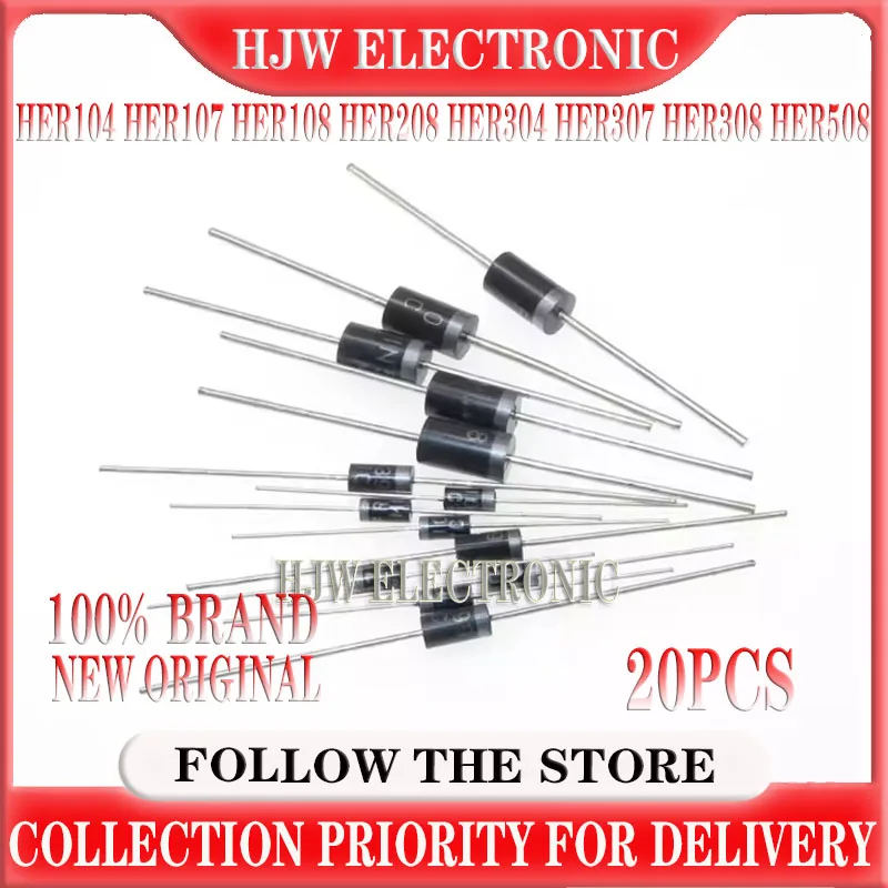 20pcs HER104 1A 300V HER107 HER108 1A 1000V HER208 2A 1000V HER304 HER307 3A 800V HER308 3A HER508 5A super fast recovery diode