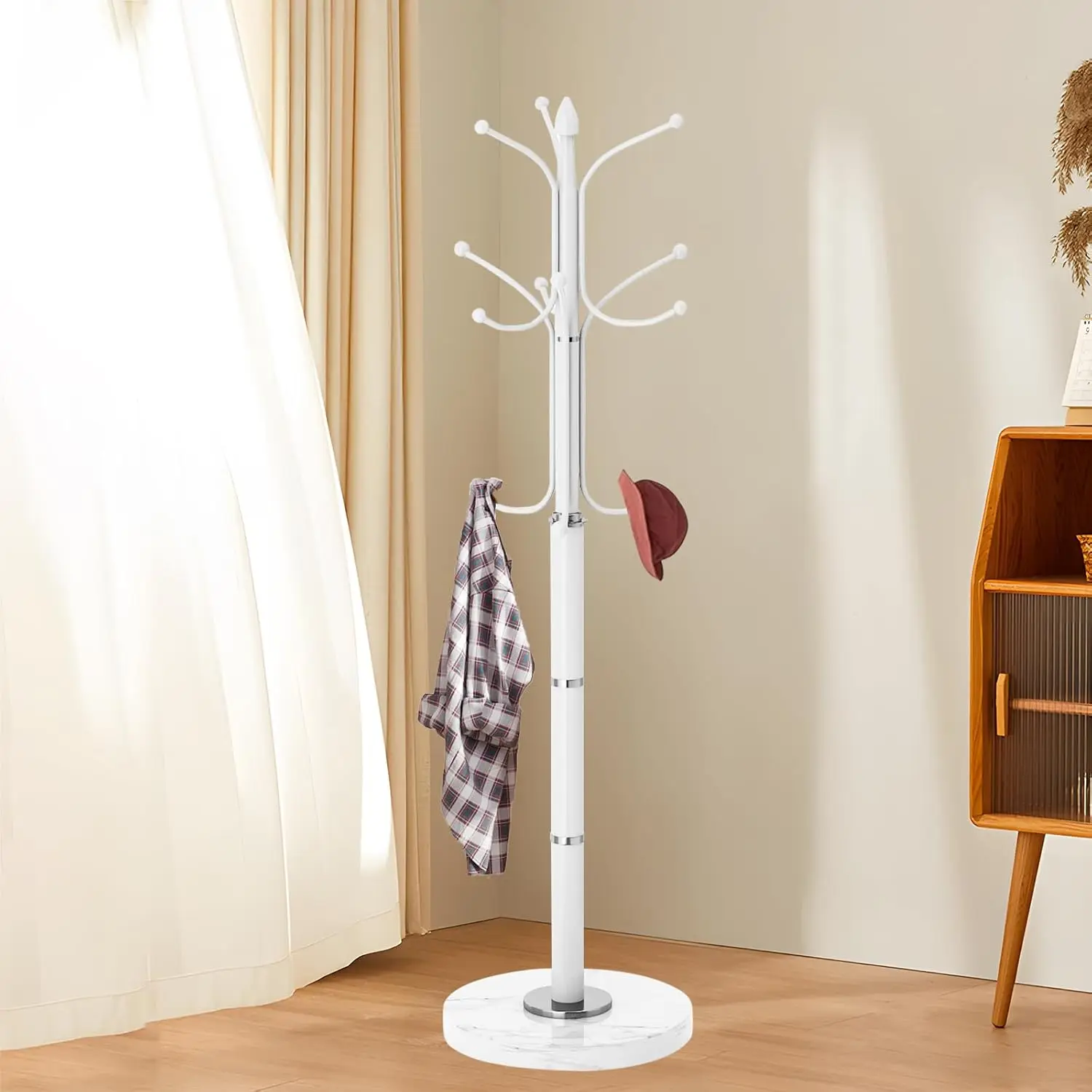 Metal Coat Rack Stand com Base de Mármore Natural, Casaco Branco Racks, Salão Cabide de árvore Stand, Moderno Independente