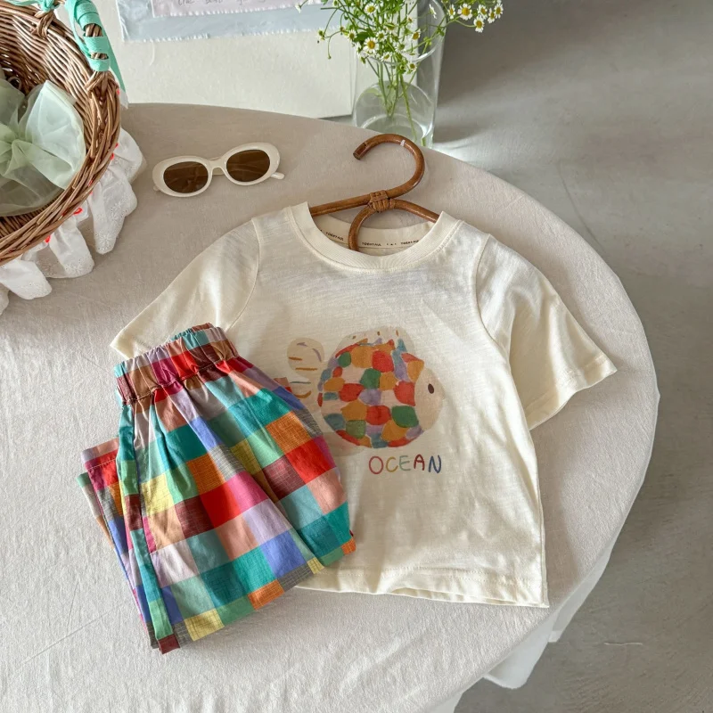 

Girls' Summer Outfit New Fashionable Stylish Children's Thin Clothing Girl's Summer Short Sleeve Two-Piece Set
