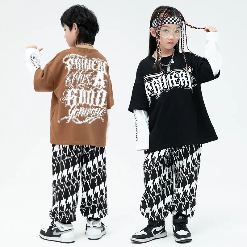 Boys Jazz Dance Costumes Letter Print Fake Two Pieces Sweatshirt Loose Pant Set Streetwear Girl Hip Hop Dance Performance Outfit