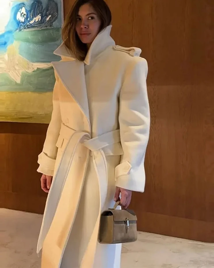 

Chic Double Breasted Women's Long Jackets Elegant Laple Lace Up Belt Full Sleeve Coats Female