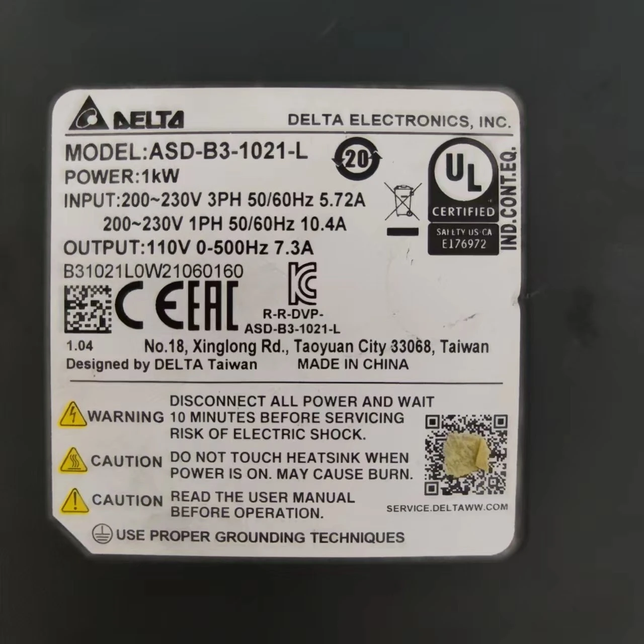 Gebrauchte Demontage B3 Delta 1000W Servoantrieb ASD-B3-1021-L ist auf Lager und das Funktionspaket ist gut.