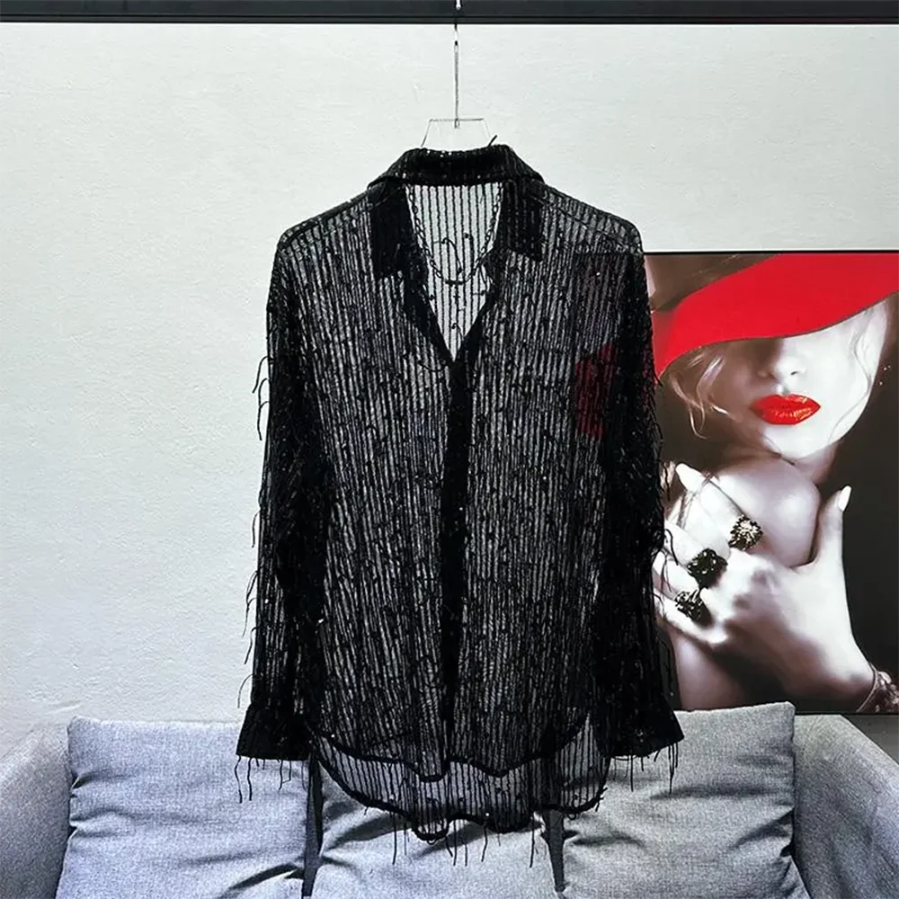 Mens Shirt Hollow Sequins Tassel Ballroom Mesh Shirt Fashion Nightclub Stage Performance Niche Long-Sleeved Top Men'S Clothing