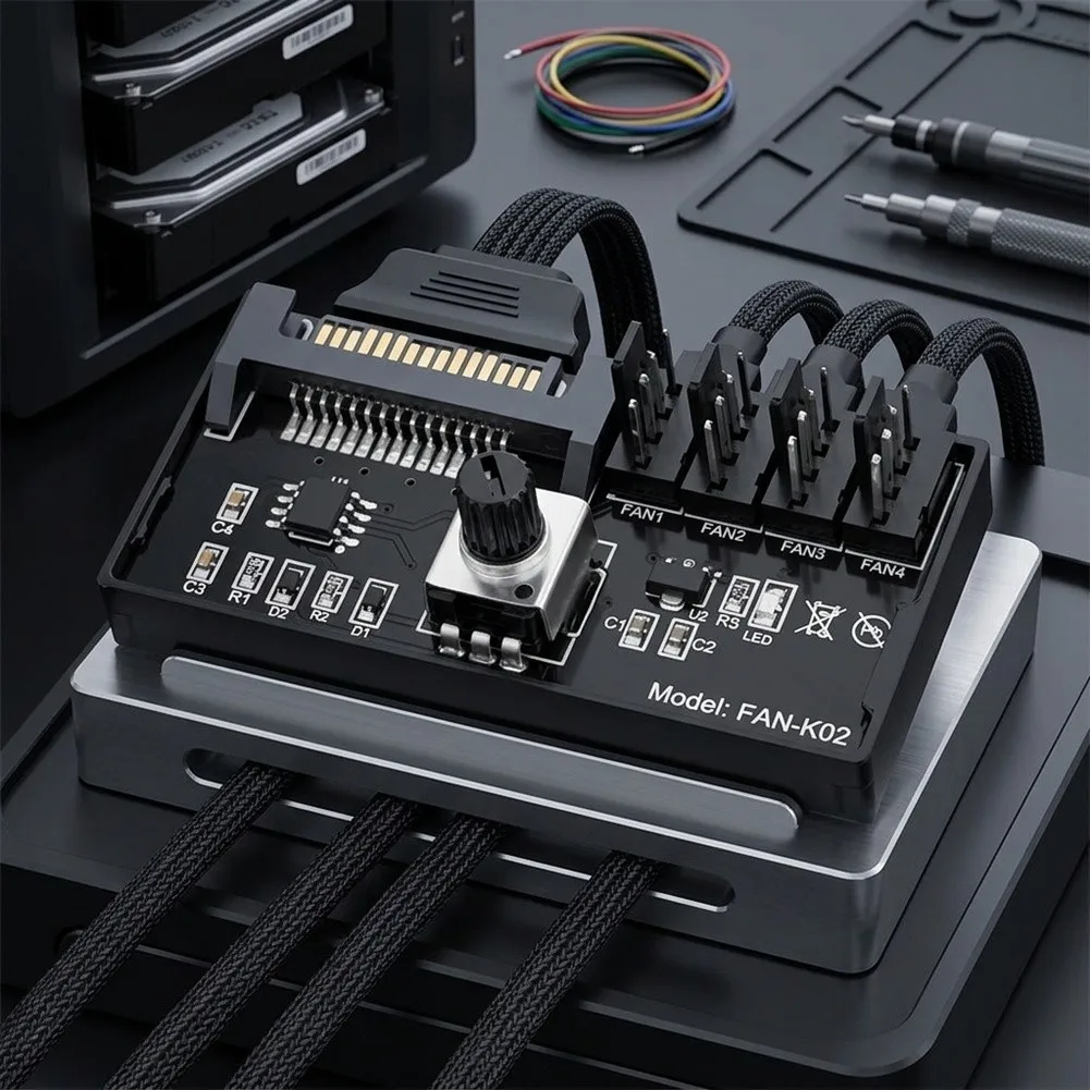 For PWM Fan Adjustment Controller for Server Cooling Applications 4-Pin Fan Hub 0-100% Control Range 63x32x20.3mm Black