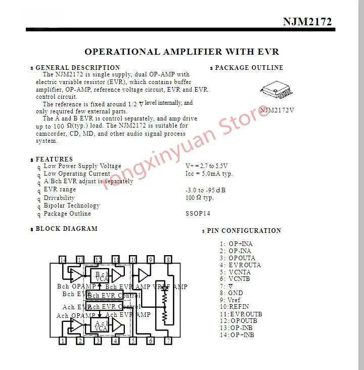แอมพลิฟายเออร์5ชิ้น NJM2172V(TE1) NJM2172V-TE1 2172 TSSOP14 NJM2172V NJM2172 2172V ใช้งาน NJM2172V-TE2กับ EVR 100% ใหม่