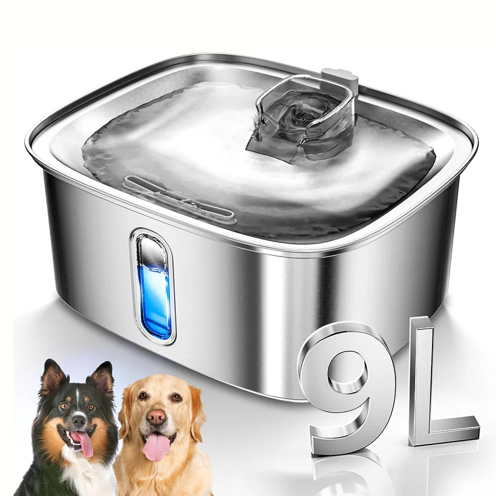 Bebedero Automático para Mascotas de Acero Inoxidable de Gran Capacidad (9L), Dispensador de Agua Ultrasilencioso con Ventana