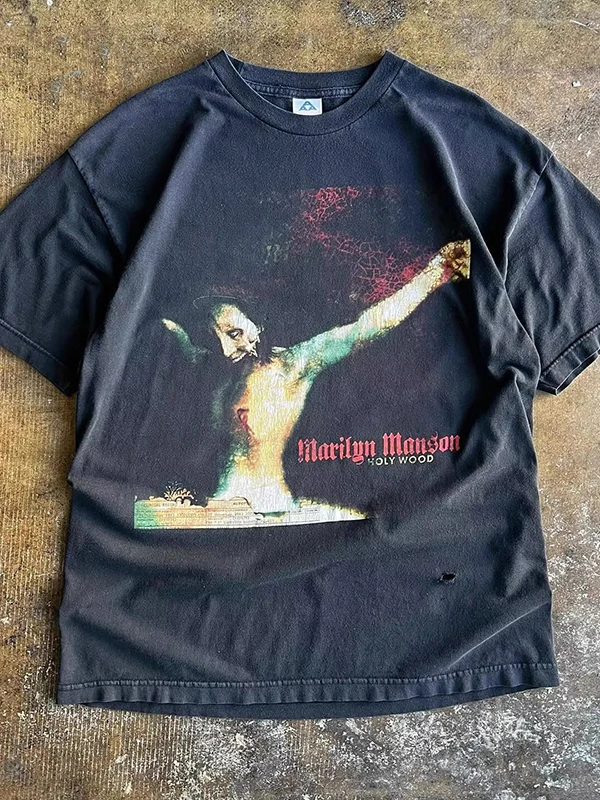 

Vintage Marilyn Manson Large Size 300 Pou Ro T-irt ort Sve Women's Loose Fit Cotton Sweatirt Summer Top