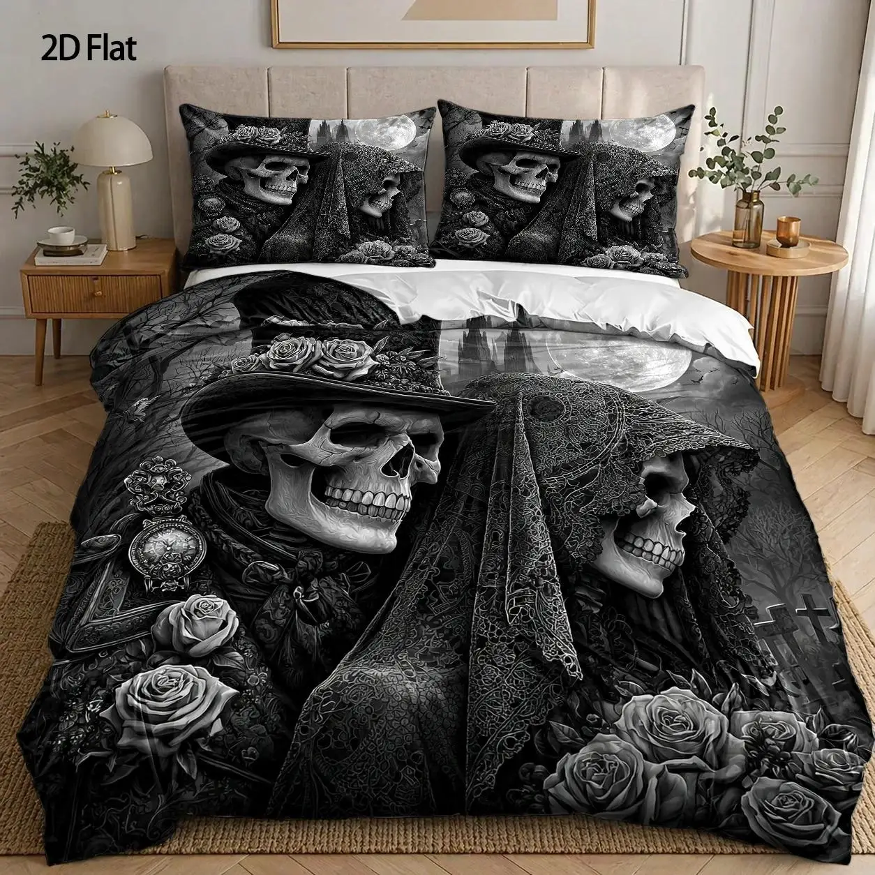 3-Piece Quilt Cover Set, 1 Quilt Cover + 2 Pillowcases (Without Filling) 2D Flat Printing, Skull Couple Theme Pattern, Retro Gothic Style, Halloween, Home Decoration, Suitable for All Seasons, Machine Washable, Large Size, Invisible Zipper, Three-Piece Bedding Set