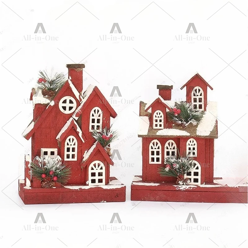 Red wooden house lighting snow scene wooden castle church ornament house scene