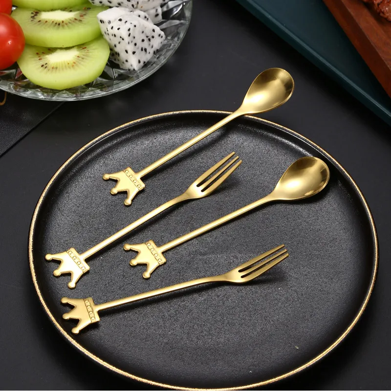 Golden Stainless Steel Dessert Spoon with Small Crown Fruit Fork Coffee Teaspoon Upscale Dinnerware Set Cutlery Gift Tableware