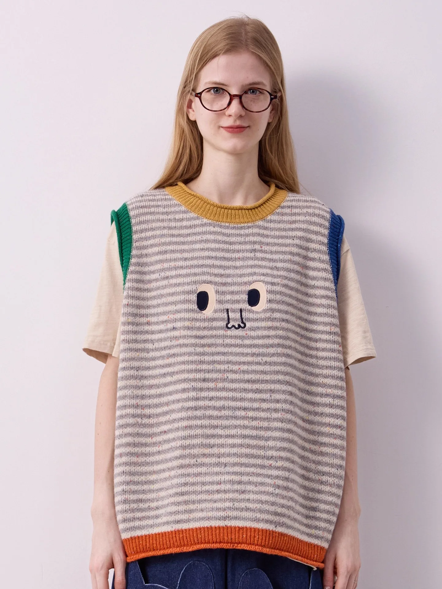 

Original Seven Year Striped Color Blo Big Eye Embroidery Knitted Vest Club Sle Women's Sweater Long Sve round Ne Top