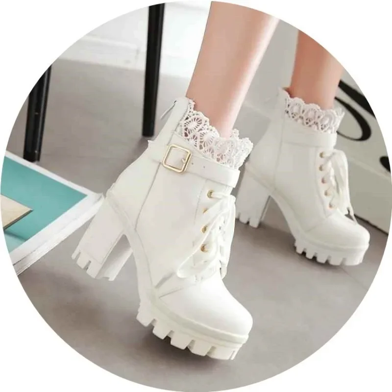 2023 Great Quality Block High Heels Women Ankle Boots White Shoes Lace Decor Lace Up Chunky Heeled Fashion Platform Boots Verclo