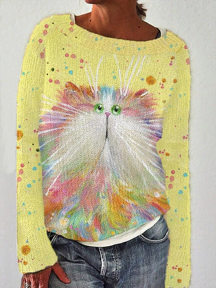 2025 الخريف والشتاء جديد القط طباعة الكتف طويلة الأكمام المرأة سترة عارضة الصوف سترة أوروبا وأمريكا