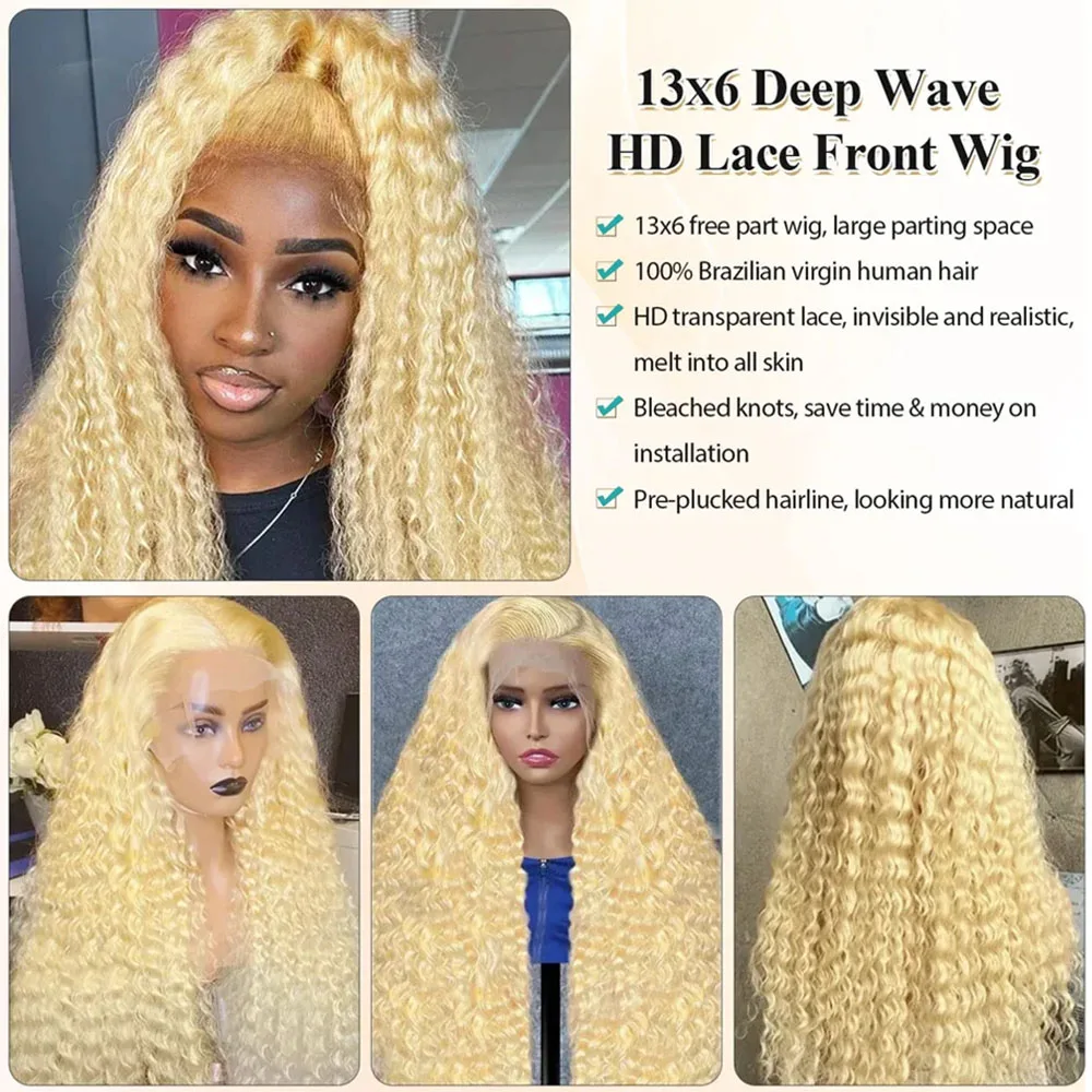 Perruque Lace Frmeds Wig naturelle bouclée, cheveux humains, blond miel 613 HD, 13x6, 13x4, pre-plucked, Deep Wave, 40 pouces