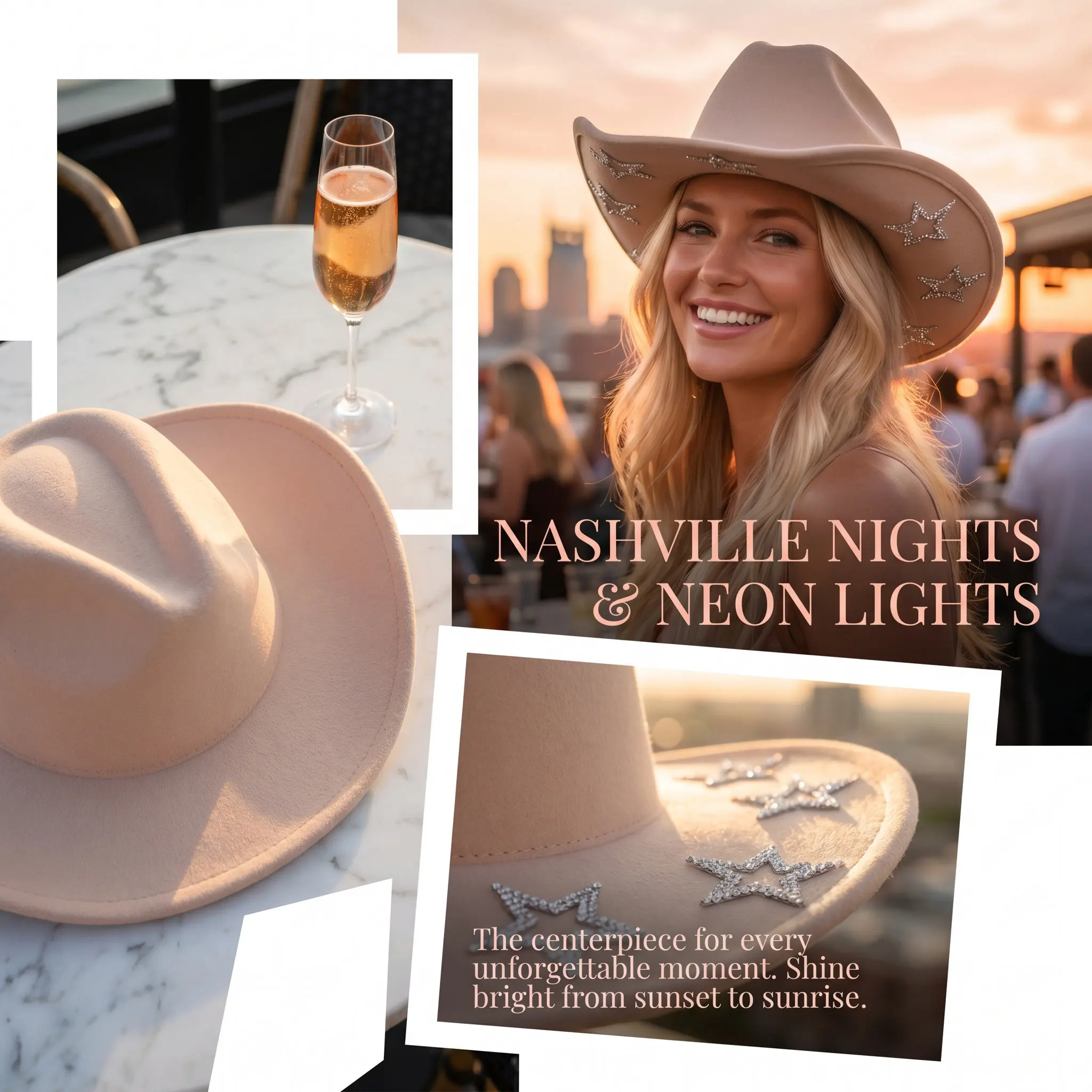Rhinestone Star Wide Brim Cowgirl Hat Felt Sequin Glitter Silver Star Western Disco Party Hat for Girls Cowboy Themed Party Hats
