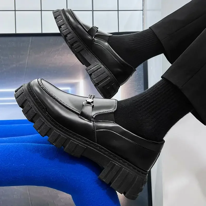 Platform Men\'s Leather Loafers Shoes Dress Business Formal Thick Sole 2025 Trend Fashion In Promotion Male Casual Shoe Retro New