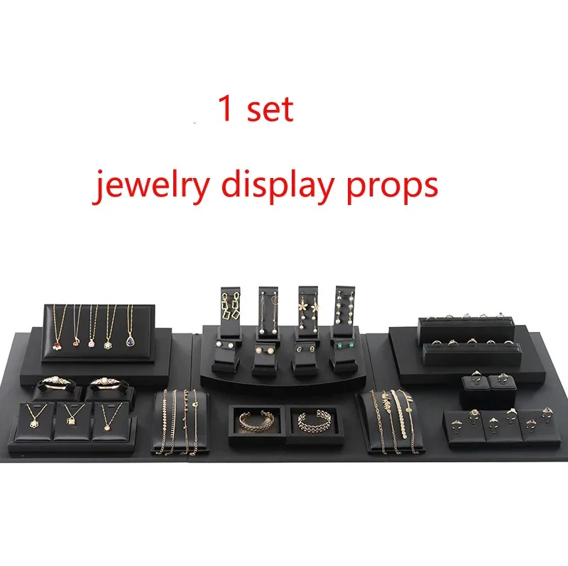 Exhibitor Set Display Prop Jewelry Counter Black Brushed Pu Leather Jewelry Display Stand Ring Pendant Necklace Organizer Rack