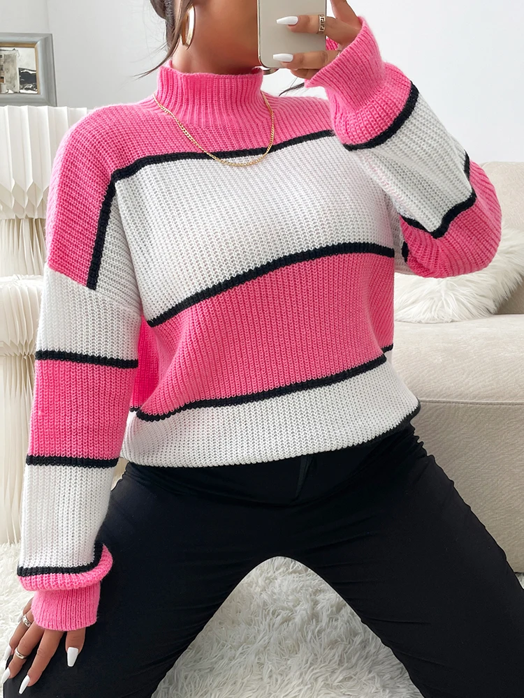 ONELINK Women\'s Sweater Autumn Plus Size Oversize Clothing Knitting Wide White Pink Striped Pullover Turtleneck Long Sleeve Tops