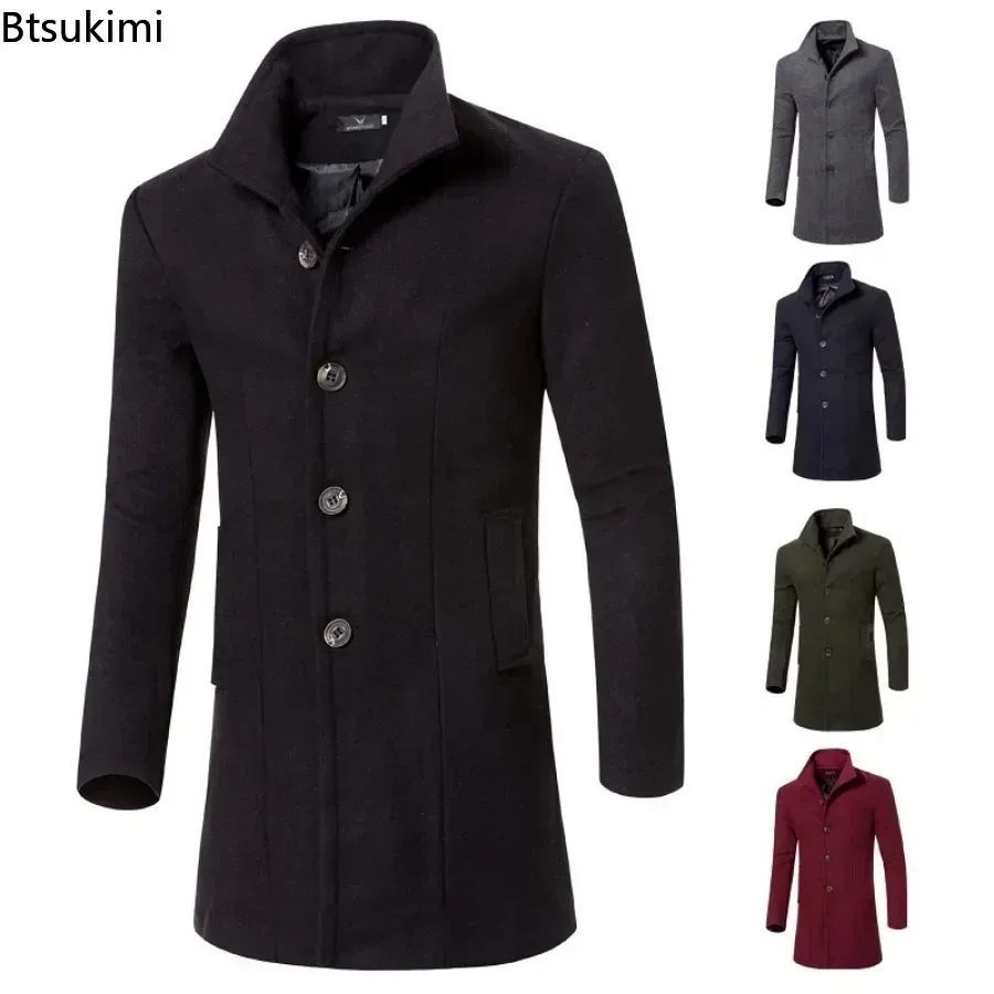 New Men's Warm Woolen Trench Jacket Solid Slim Woollen Jacket Coats Male Fashion Windproof Stand Collar Long Outwear for Men