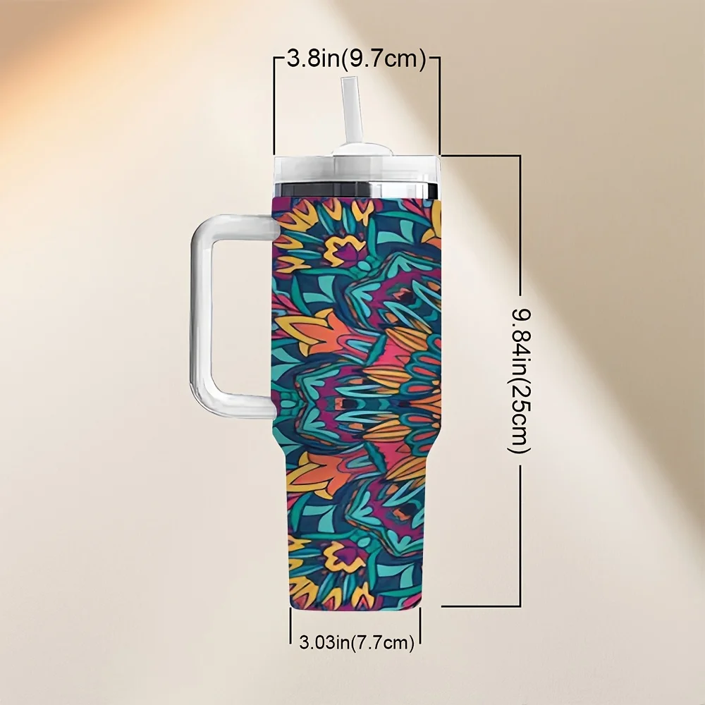 Vibrant Symmetrical Mandala Pattern Printed Tumbler with Handle And Straw for Daily Use And Outdoor Travel