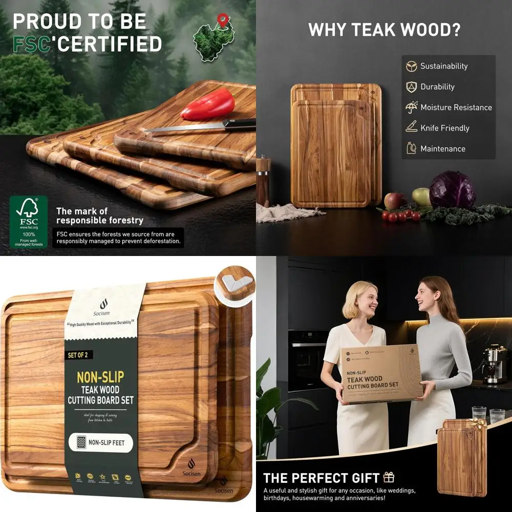 

Kitchen Teak Chopping Boards - 2 Pack, Wood Cutting Boards, Charcuterie, Non-Slip, Over Sink Use