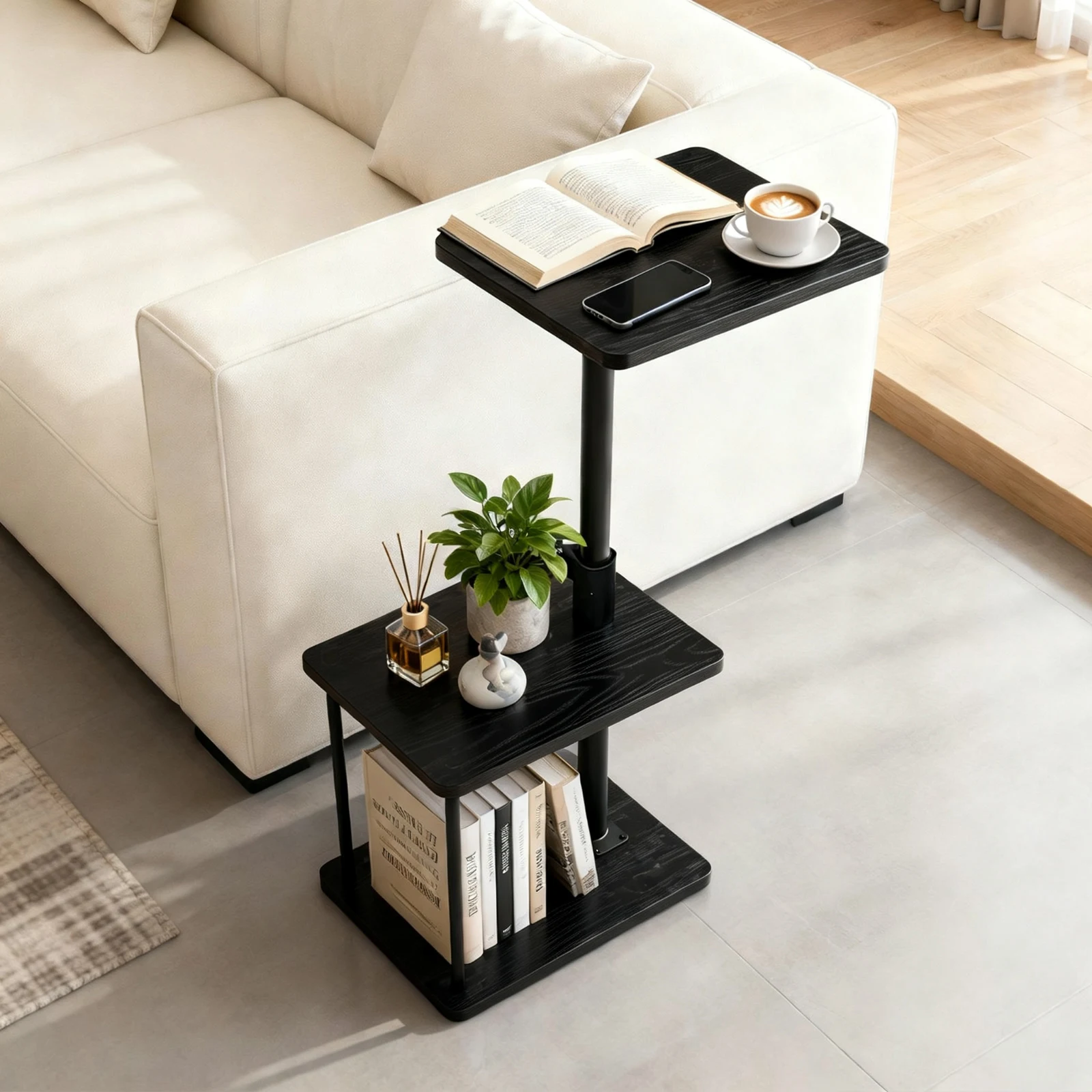 Swivel Side Table for Couch Arm, Adjustable C End Table for Recliner or Bed, TV Trays with Storage Shelf for Small Spaces Small Nightstand Table for Living Room, Bedroom, Black