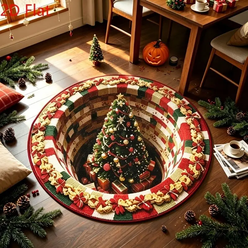 VIKAMA 3D Vortex Christmas Tree Hole Illusion Round Rug Non Slip Soft Plush Carpet Living Room Xmas Decor Floor Rug Soft