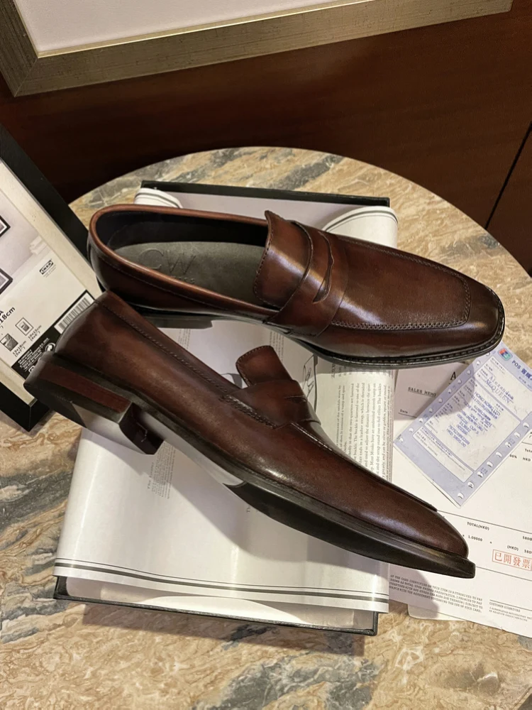 

Genuine Leather Slip-On Loafers Men's Shoes Thick Bottom Business Formal Casual Brown Color Block Wedding Groom CANO&WISS