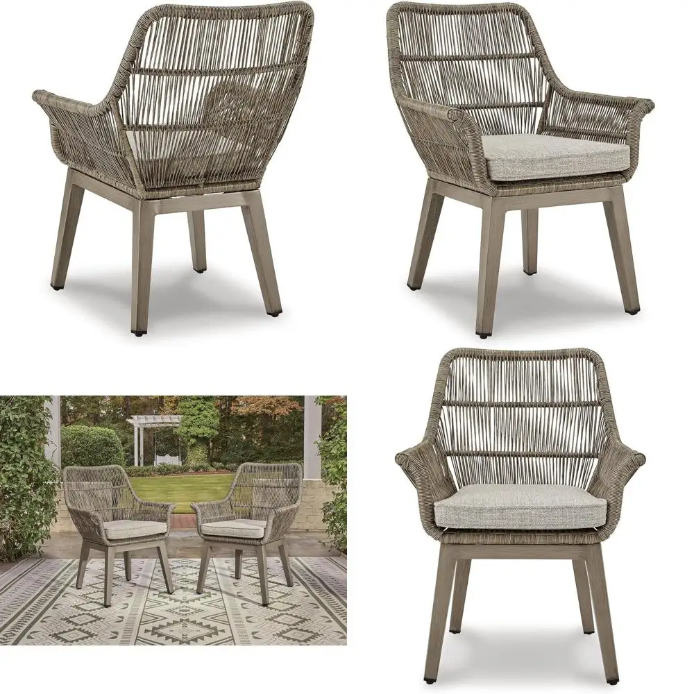

Weather-Resistant Outdoor Wicker Armchairs with Cushions, Set of 2, Beige, 18.5 Seat Height