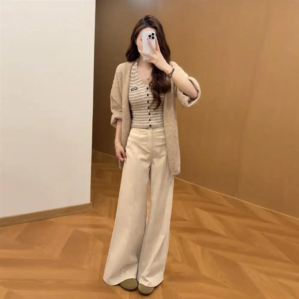 Early Autumn Lazy Style Knitted Open Cardigan Versatile Halter Top High Waist Wide Leg Pants Set Sweet Style Fashionable Thre...