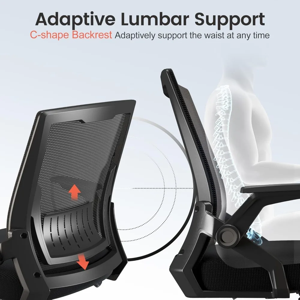 Office Chair with Flip-up Armrests Ergonomic Computer Desk Chair with Wheels Adaptive Lumbar Support Swivel Tilt Foldable