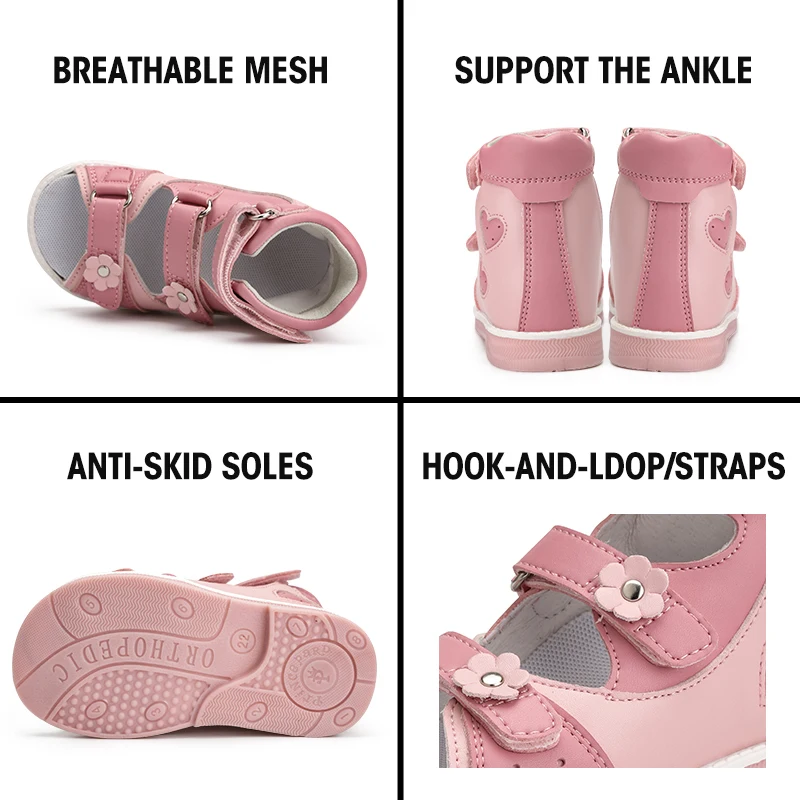 Sandalias ortopédicas infantiles princesa Girls zapatos correccionales infantiles, espalda alta, tobillos y soporte de arco con un color rosa