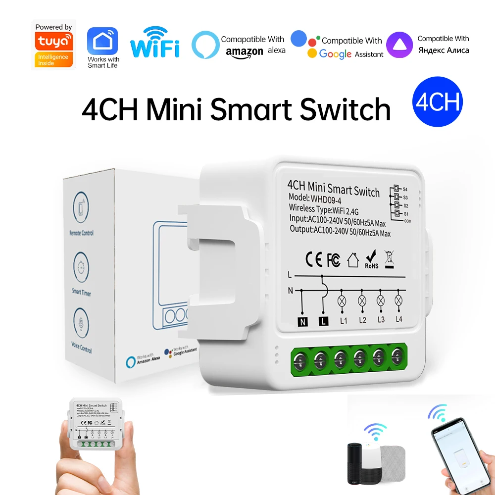 

RKHK Tuya Wifi 16A Mini Smart DIY Switch 4 Gang Intelligent Life Automation Breaker Two-Way Control Works With Alexa Google Home