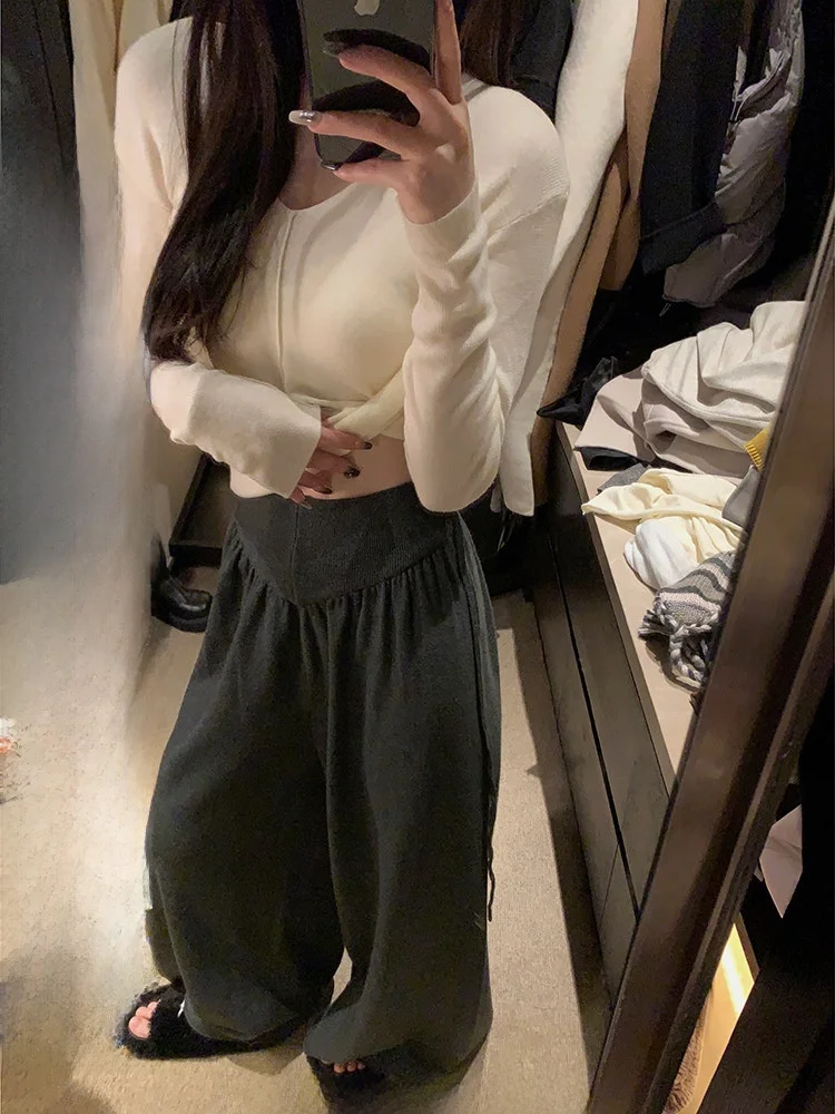 

FANCHOU женские вязаные широкие брюки, повседневные универсальные драпированные брюки с высокой талией, весна 2021, корейские брюки прямого кроя