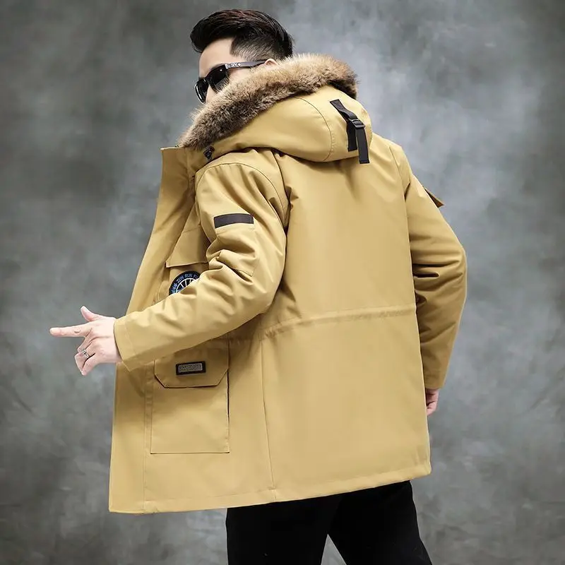 Winter Warm Coat Windproof Parker Men Waterproof Windbreaker Fur Lined Winter Thick Warm Faux Fur Coat Mid-length Jacket Parka