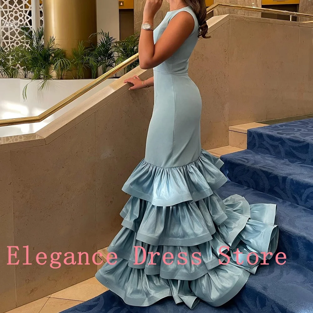 Customized Graceful Tiered Ruffles Crew Neck Mermaid Evening Dress Modern Sleeveless Photo Color Pleats Vestido De Noche