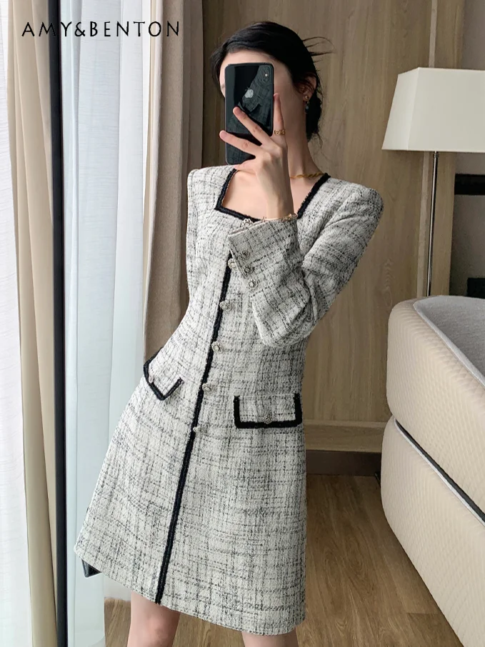 

2024 Early Autumn New French Retro Square Neck Single-breasted Mini Dress High End Temperament Ladies Slim A-line Tweed Dress