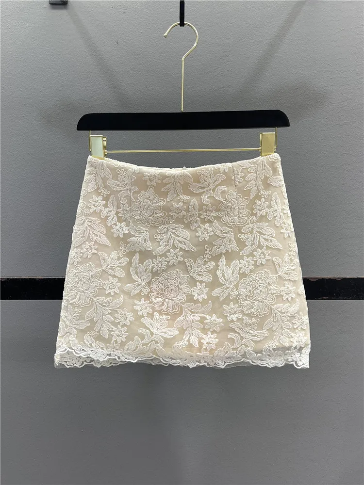 Elegant Light Beige Lace  Skirt Women's Design Sensation Slim Fit Short Skirt Spring Summer Casual Cotton Polyester Blend