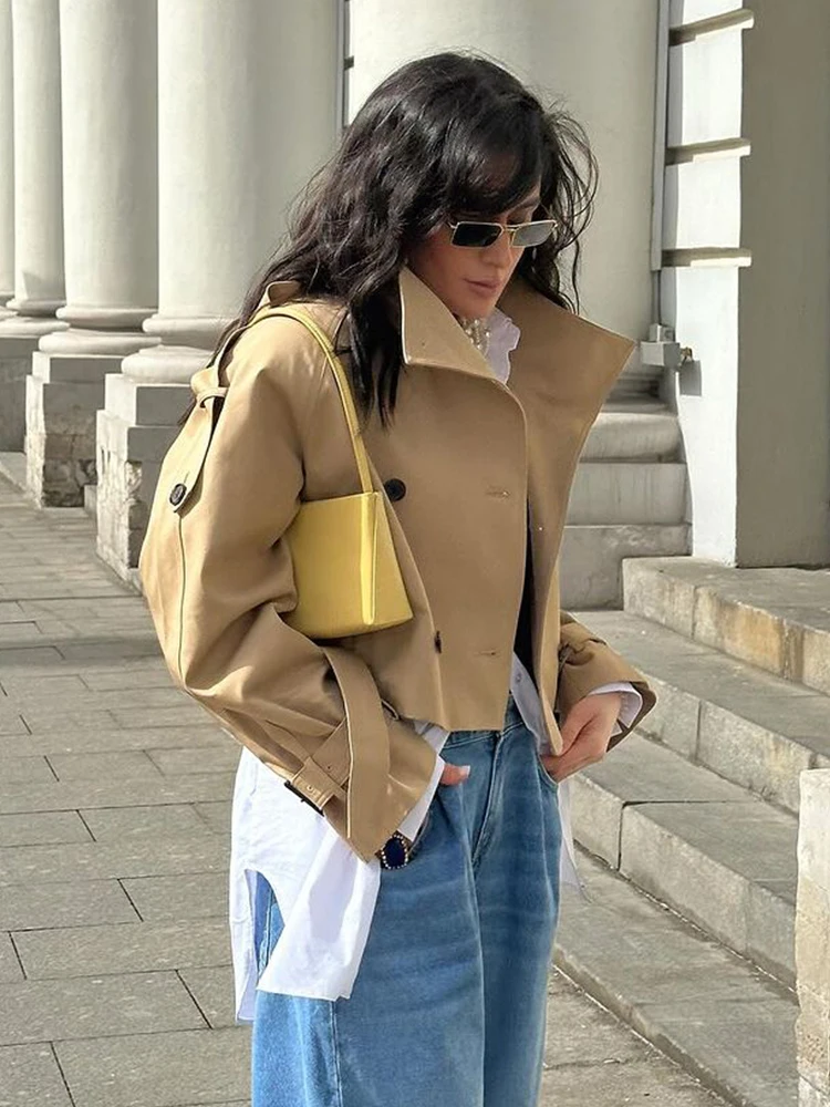 

Stand Collar Short Trench Coat Off Women Chic Solid Autumn Long Sleeve Button Jacket Fashion 2025 New Lady High Street Outerwear