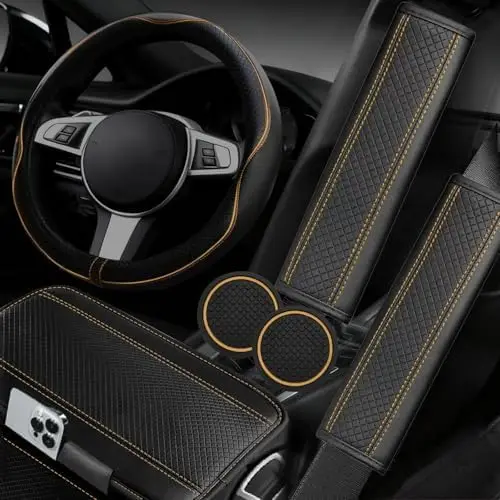 

NBTEPEM 6-Piece Car Interior Accessory Set - Beige Microfiber Steering Wheel Cover & More for 14.5-15"