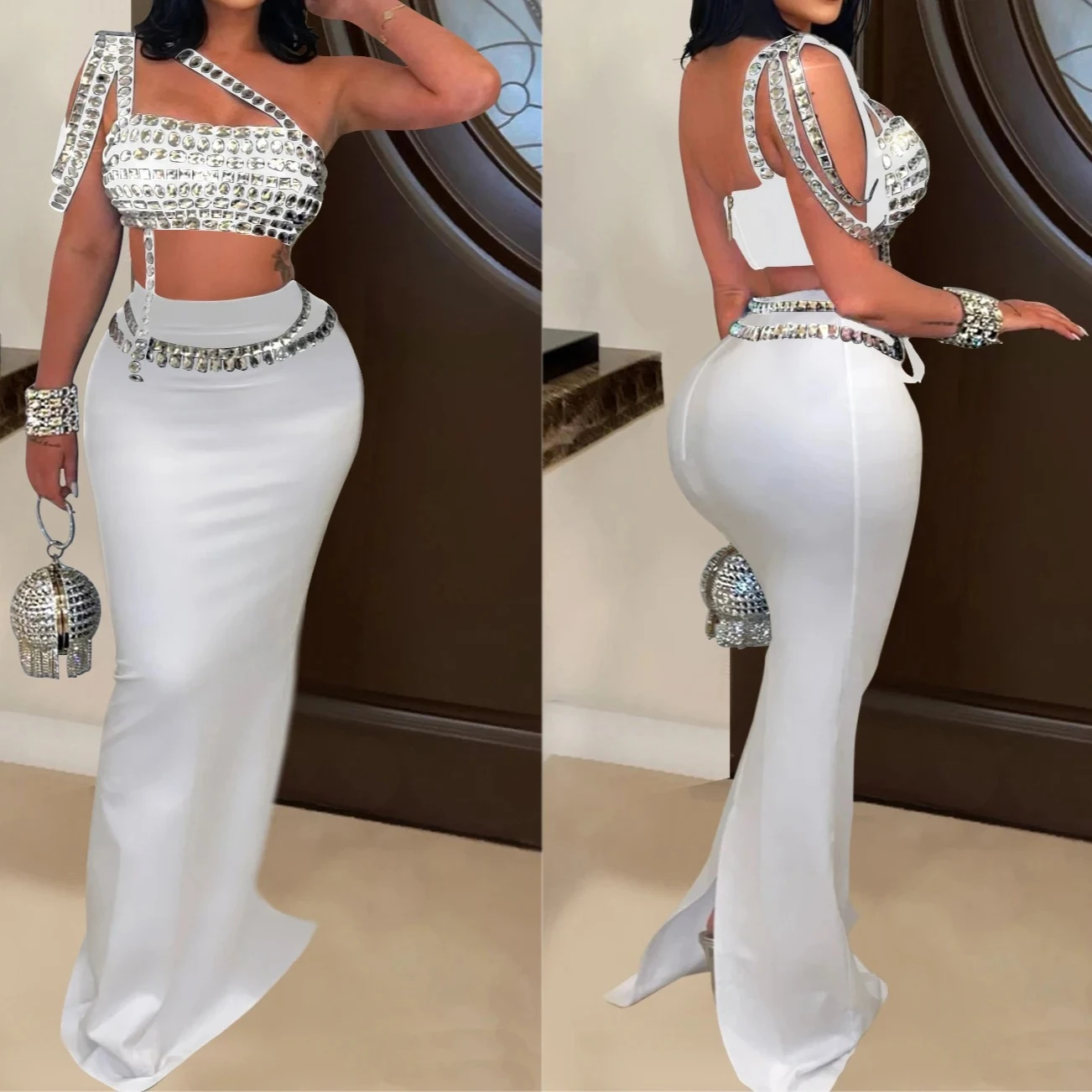 Women's Prom Dress Set Diamonds Rhinestones Strapless Top Long Skirt Suit Evening Dress Sets 2 Piece elegant Party Dresses