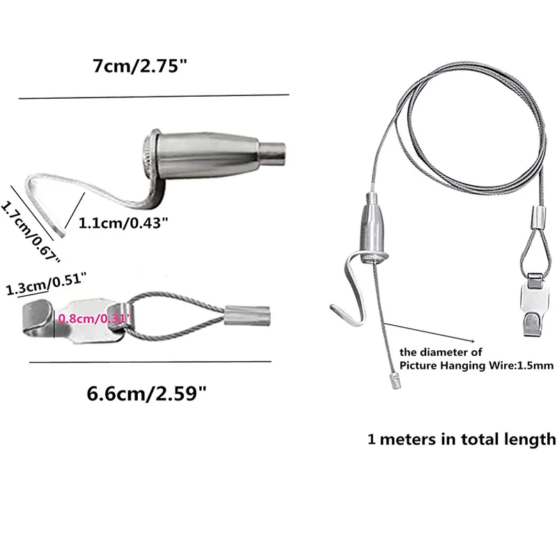 Sistema de suspensión de alambre de riel de imagen con gancho S de foto ajustable para imagen de pared, exposición, exhibición de galería de arte (paquete/8)