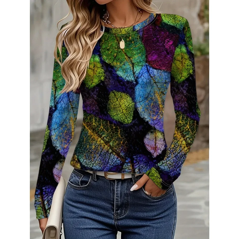 Women's T-shirt 3D Printing Green Plant Print Fashion Long Sleeve Round Neck Regular Top Holiday Weekend Spring and Autumn Y2K