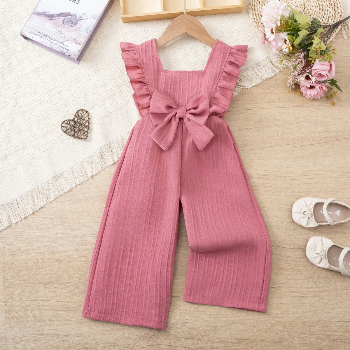 Somenie Girls Summer Halter Jumpsuit, European American Style Flutter Sleeve Bow Decor One Piece Romper for Kids