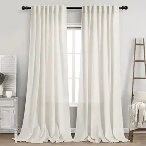 Linen Curtains 102 inches Long 2 Panels Set for Living Room Extra Long Back Tab Curtains Neutral Farmhouse Light Filtering Semi