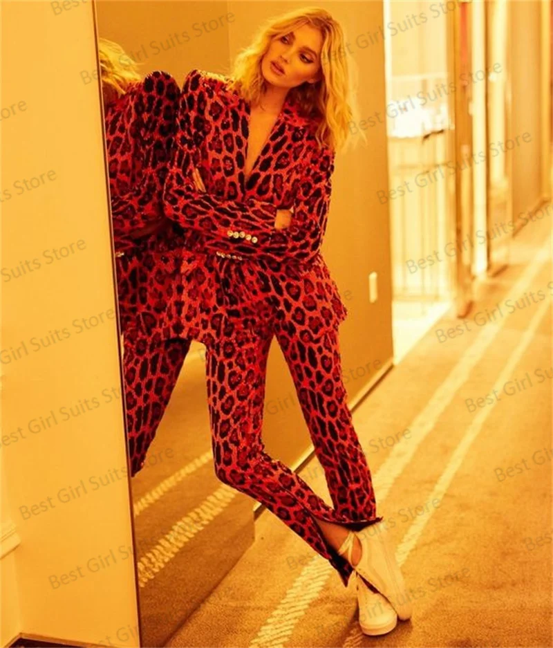 Leopard Women Suits Sets Custom Made 2 Pcs Red Carpet Blazer+Pants Formal Fashion Casual Club Party Jacket Prom Dress