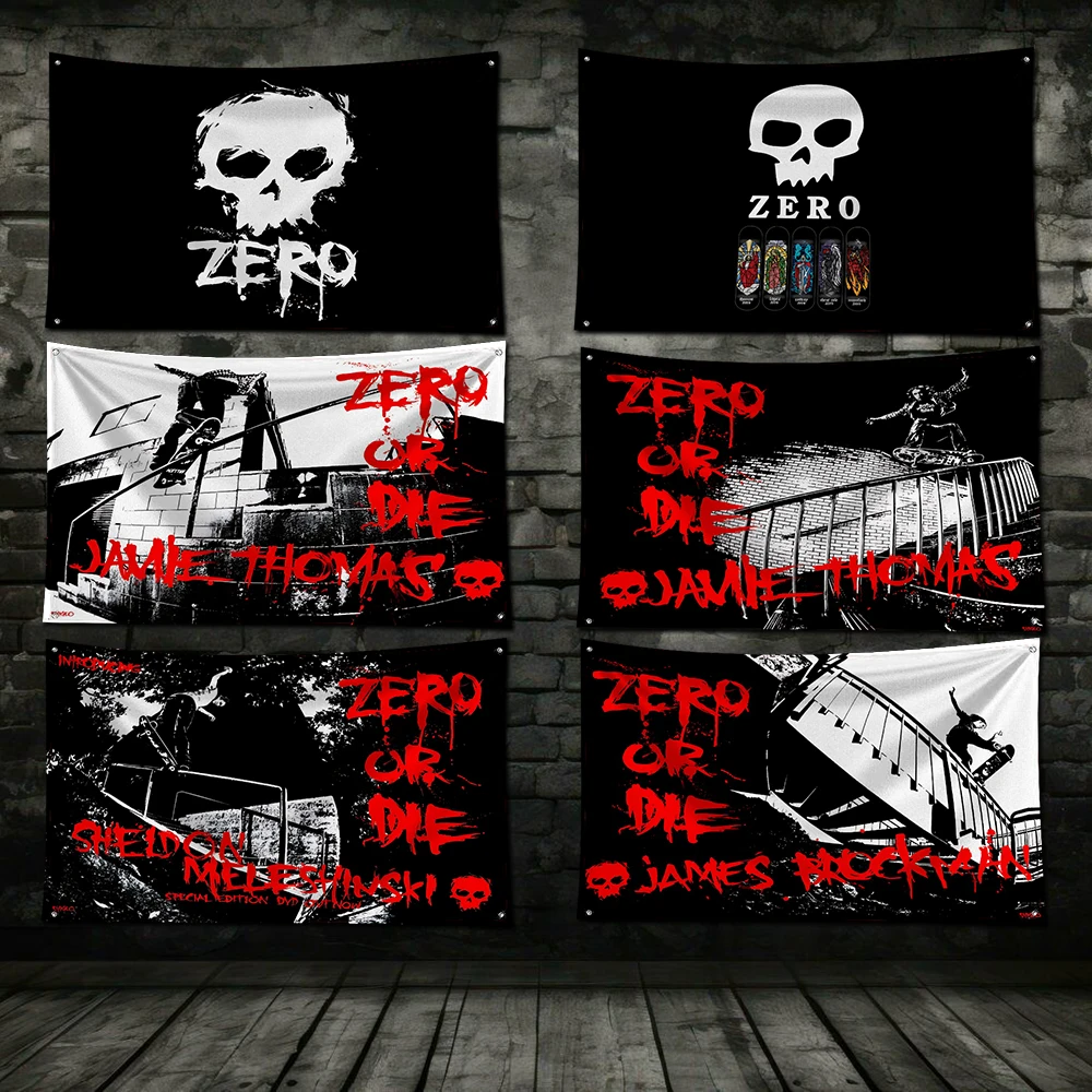 3x5 Ft Zeros Skateboards Skull Flag Polyester Digital Printing Banner for Garage Wall Out Door Decoration With Brass Grommets